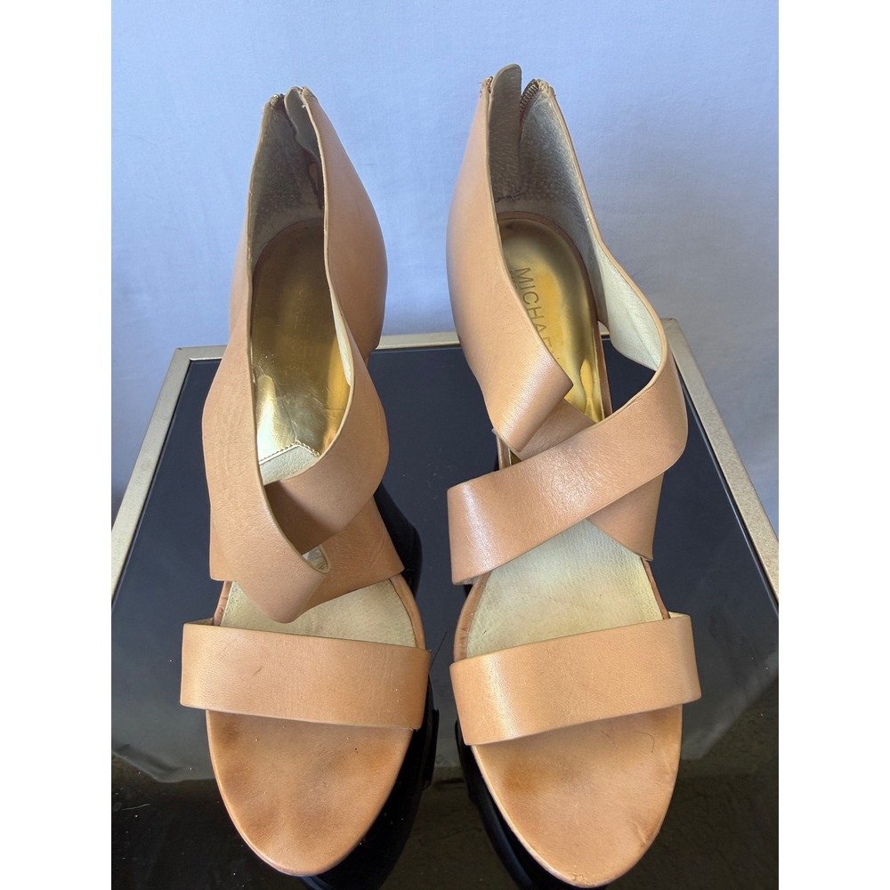 Michael Kors Tan Leather Crisscross Platform Sandals Gold Zip High Heels Womens - Picture 3 of 6